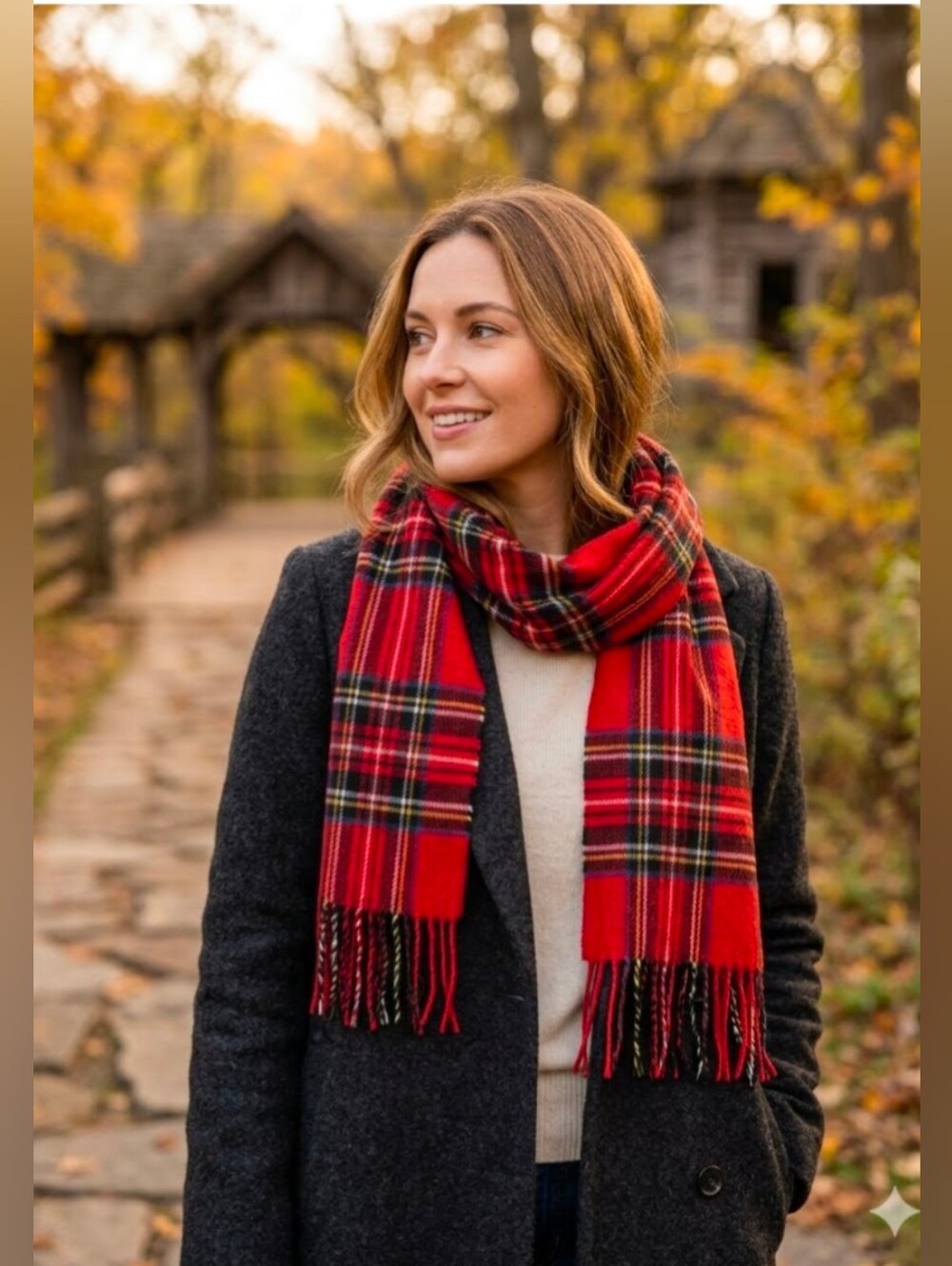 Red Black White Tartan Plaid Scarf With Fringe